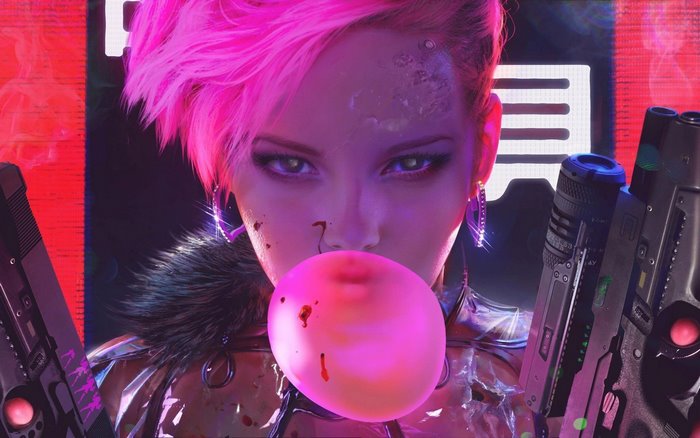 Cyberpunk woman with pink hair and guns blowing bubble gum