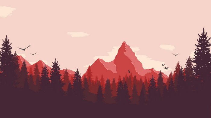 Red mountains and pine forest with birds