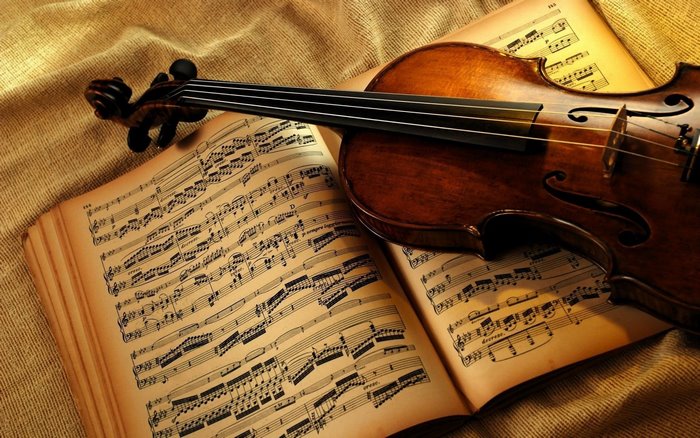 Violin resting on sheet music