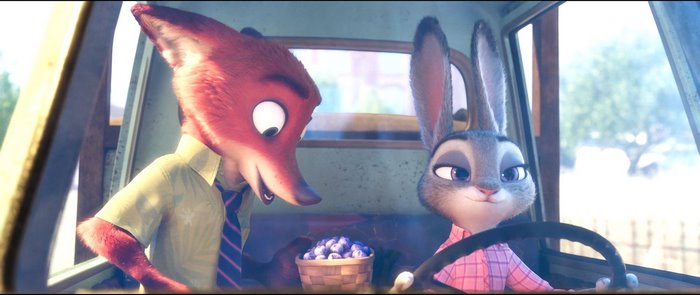 Nick Wilde and Judy Hopps from Zootopia in a car