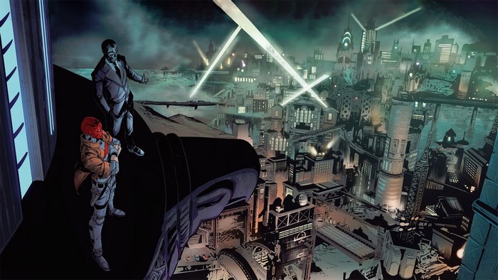 Red Hood and Batman from DC Comics overlooking a city