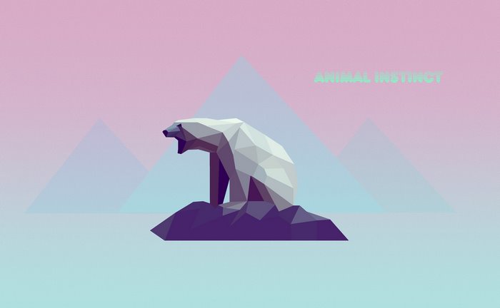 Low poly polar bear on rocks with mountains