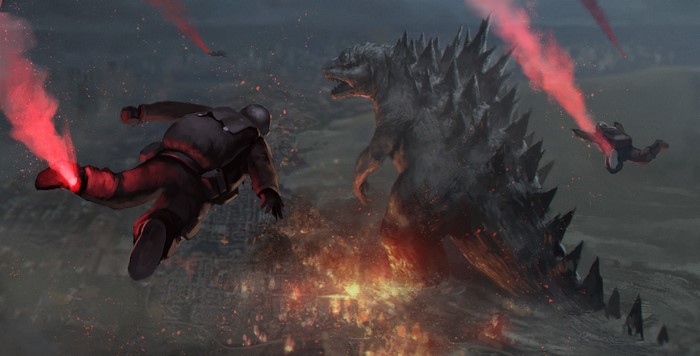 Godzilla and soldiers with flares