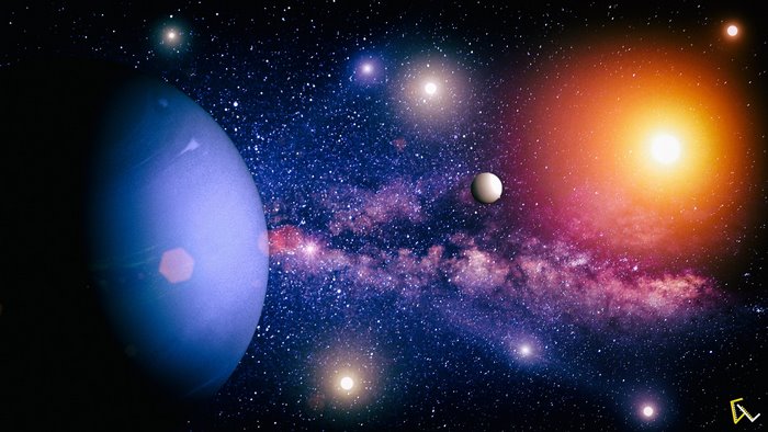 Neptune and a bright star in deep space