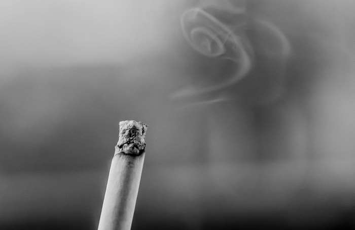 Close-up of a burning cigarette with smoke