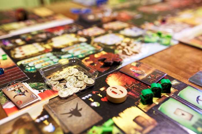 Dungeon Lords board game with coins and tokens