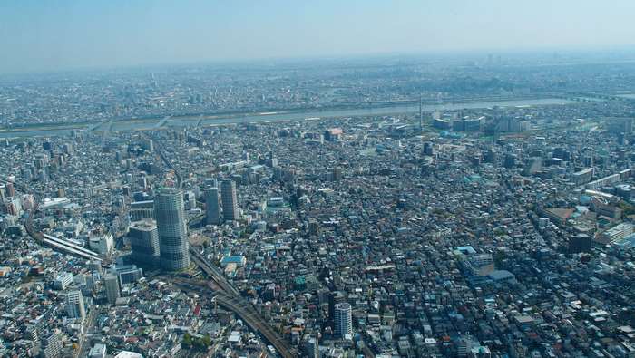 Birds eye view of Tokyo, Japan with Tokyo Skytree