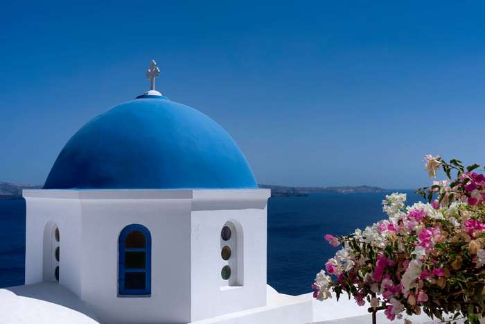 Blue Dome Church in Santorini, Greece 4K