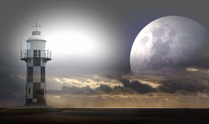 Lighthouse and Moon over the Sea