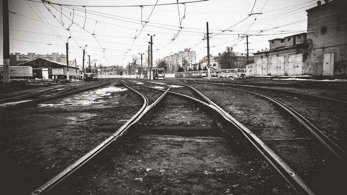 Tram tracks and overhead wires in a city