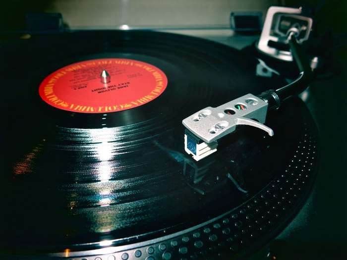 Close-up of a vinyl record on a turntable