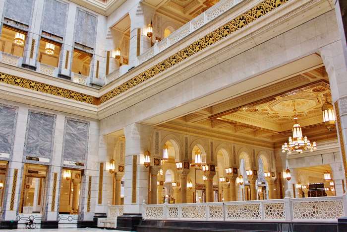 Interior of a luxurious building with marble and gold accents