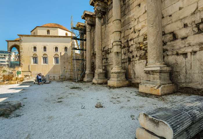 Ancient Greek Ruins with Columns and a Mosque in Athens 4K