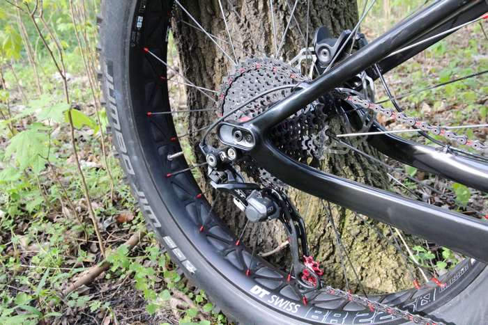 Close-up of a fatbike rear wheel and drivetrain
