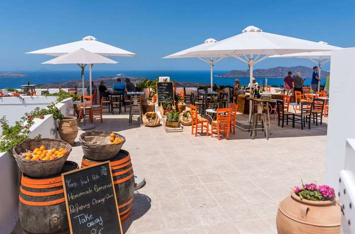 Santorini restaurant terrace with sea view