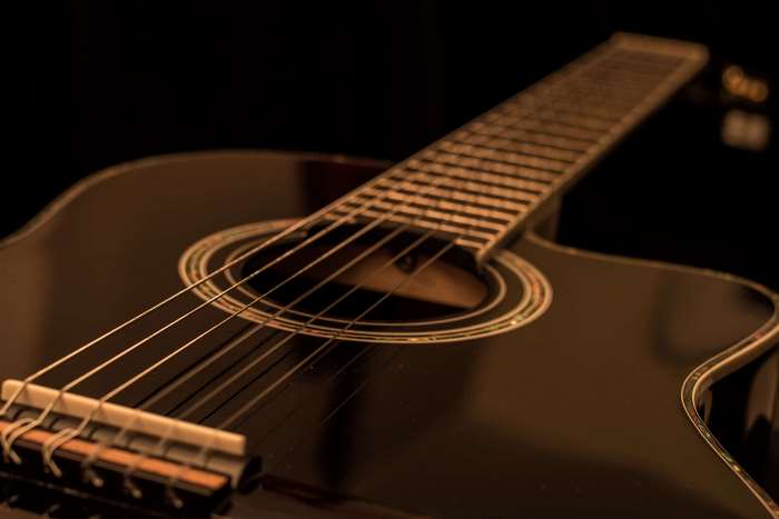Close up of a black acoustic guitar