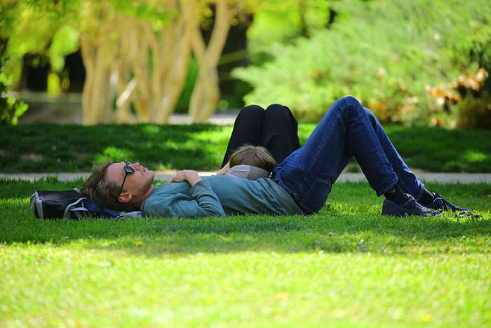 Couple relaxing on grass in a park