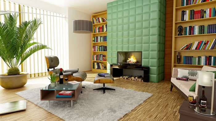 Modern living room with fireplace and bookshelves