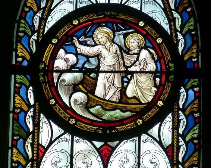 Jesus and Peter walking on water stained glass window