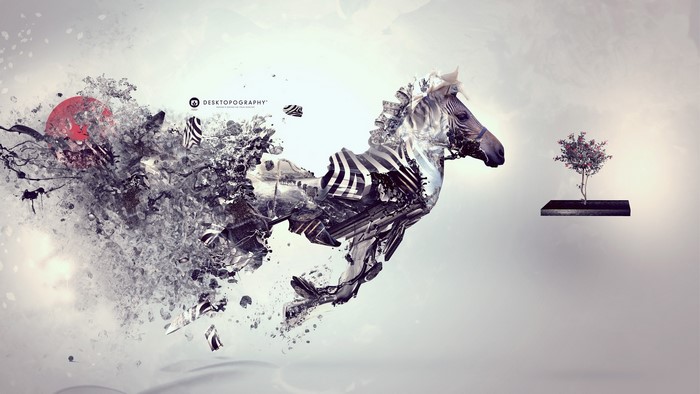 Surreal zebra dissolving into abstract elements with a floating tree