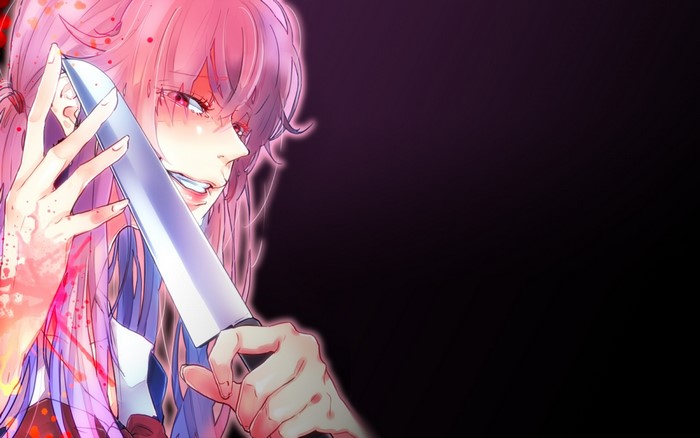 Anime girl with pink hair holding a knife