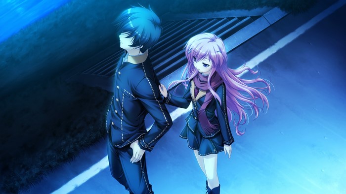 Anime boy and girl in dark blue uniforms at twilight