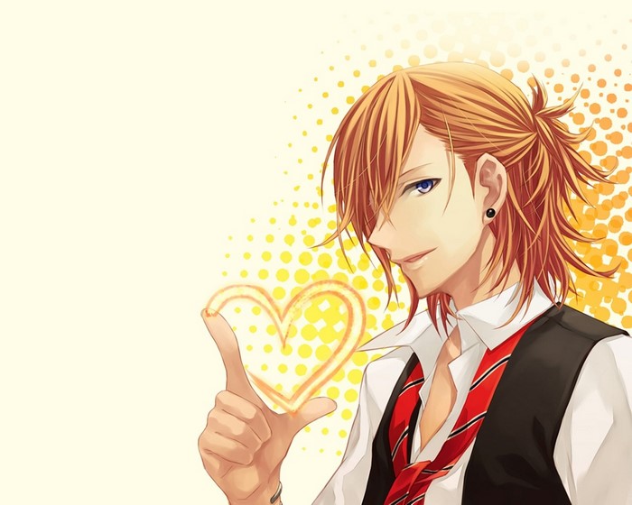 Anime boy with orange hair making a heart gesture