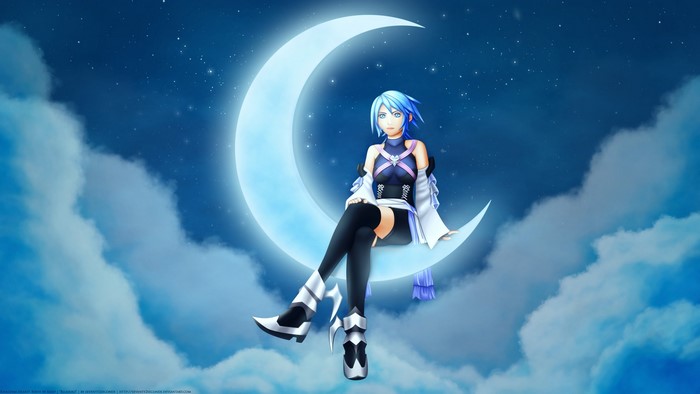 Aqua from Kingdom Hearts sitting on a crescent moon