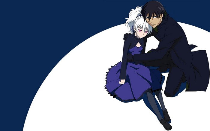 Anime couple with white-haired girl and dark-haired boy