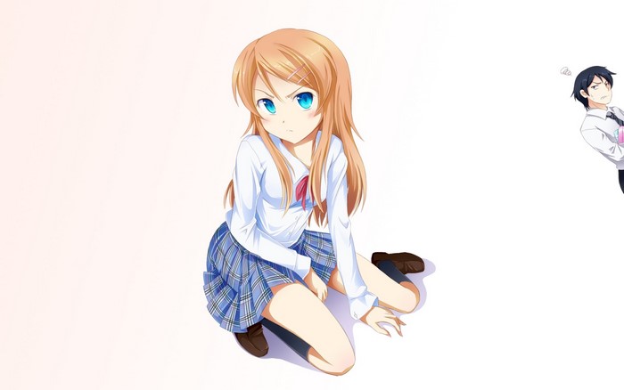 Anime girl in school uniform and boy peeking