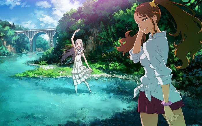 Two girls by a river with a bridge in the background