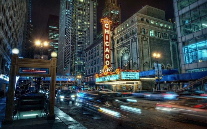 Chicago Theater at Night with Subway Entrance