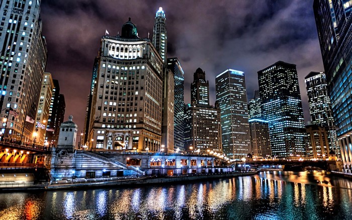 Chicago River at Night with Cityscape