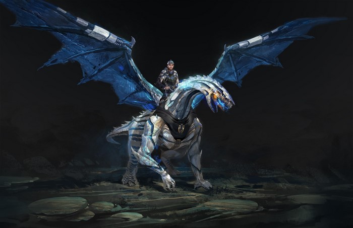 Knight riding a white and blue dragon