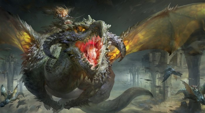 Dragon with rider and smaller dragons in ruins