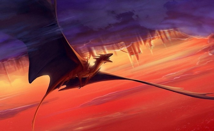 Dragon flying through a dramatic sunset sky