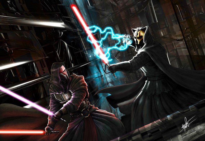 Darth Revan and Darth Nihilus fighting with lightsabers