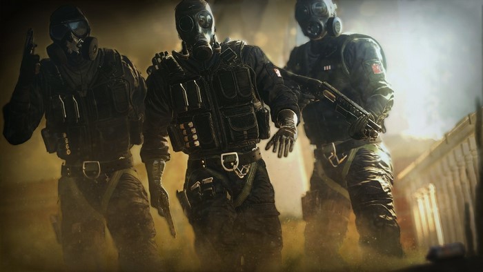 Three soldiers in gas masks from Tom Clancy's Rainbow Six Siege
