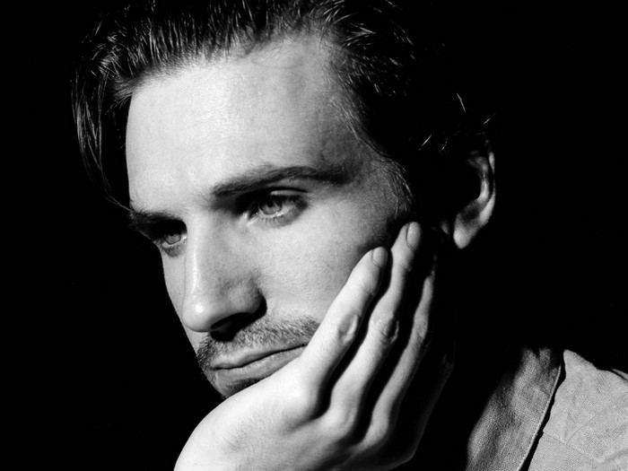 Ralph Fiennes close-up black and white portrait