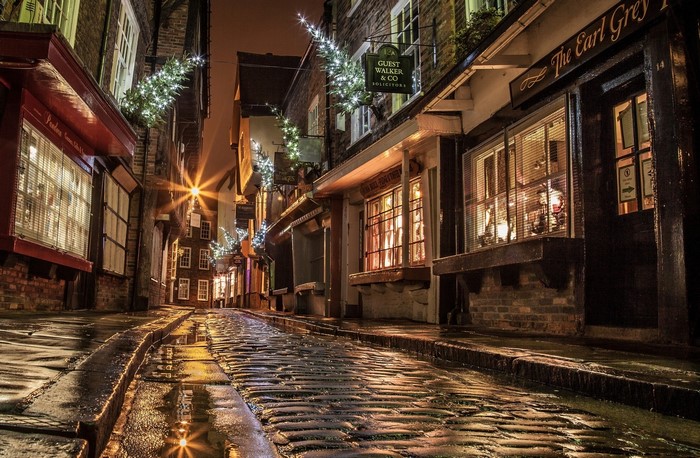 Cobblestone street with shops and Christmas lights at night