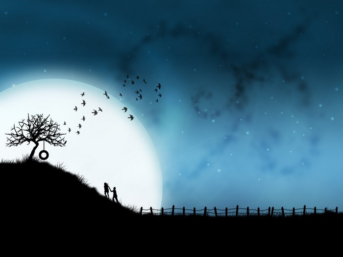 Silhouettes of a couple and a tree under a large moon