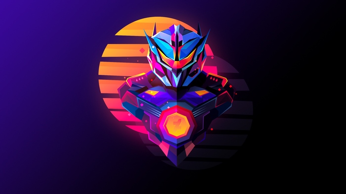 Robot bust with retro sunset background