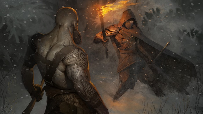 Kratos and hooded figure in God of War 4 artwork