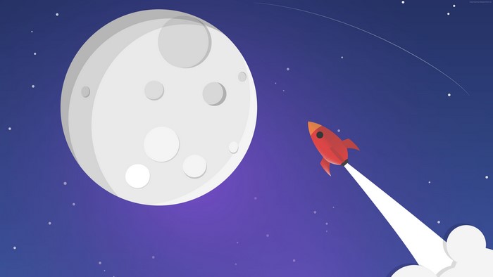 Minimalist rocket flying towards the moon in space
