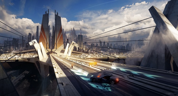 Futuristic city with burning car on a bridge