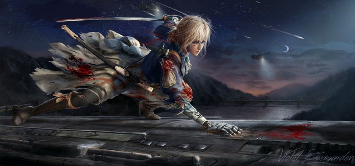 Violet Evergarden in battle at night