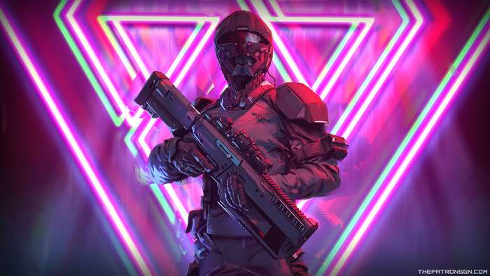 Soldier in futuristic armor holding a rifle with neon lights