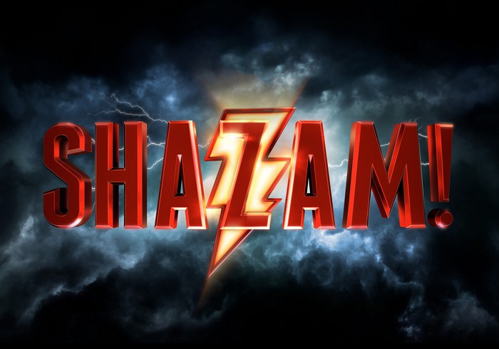 Shazam! movie logo with lightning and clouds