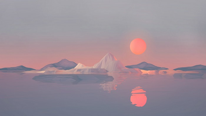 Low poly iceberg landscape with sun reflection