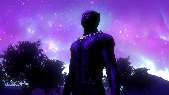 Black Panther in front of a starry purple sky